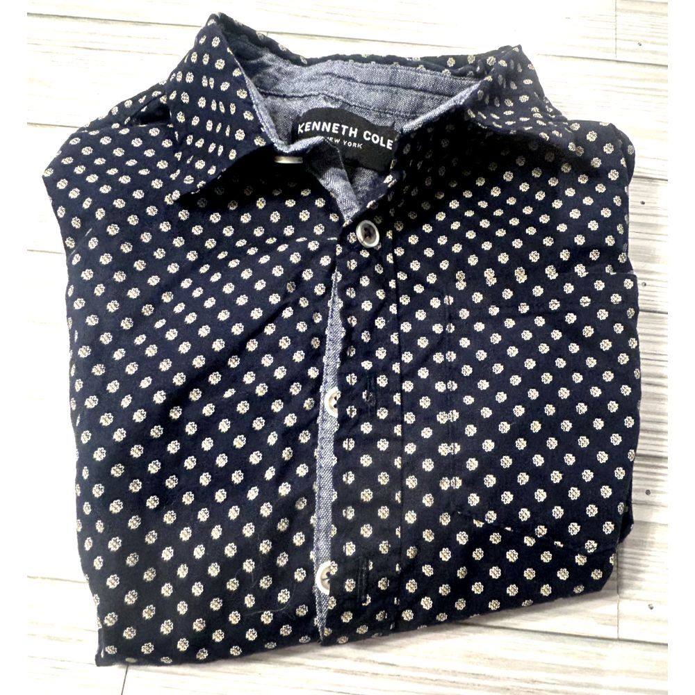 Kenneth Cole Reaction Boy's Navy Blue All Over Print Button Down Shirt Size 5